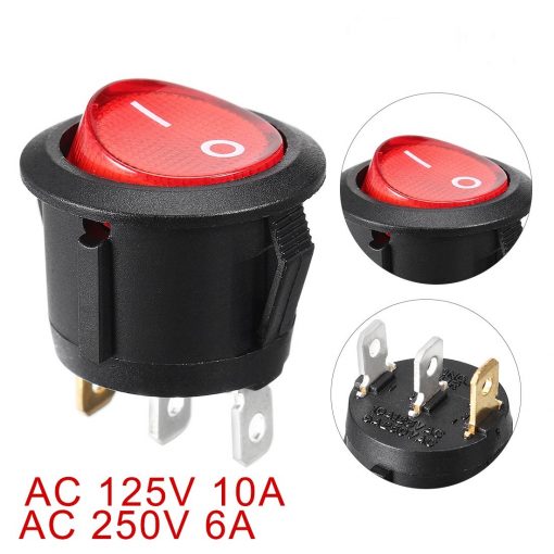 KCD1 Round Rocker SPST On Off Switch Red Light Illumination 3Pin 6A 250V Black