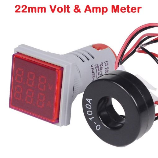 2 In 1 VOLT AMP Meter Panel Mount 22mm Square Panel 2 in 1 AC 50-500V 0-100A LED Digital Display Voltage Volt Current Ampere Amp Meter Indicator Light